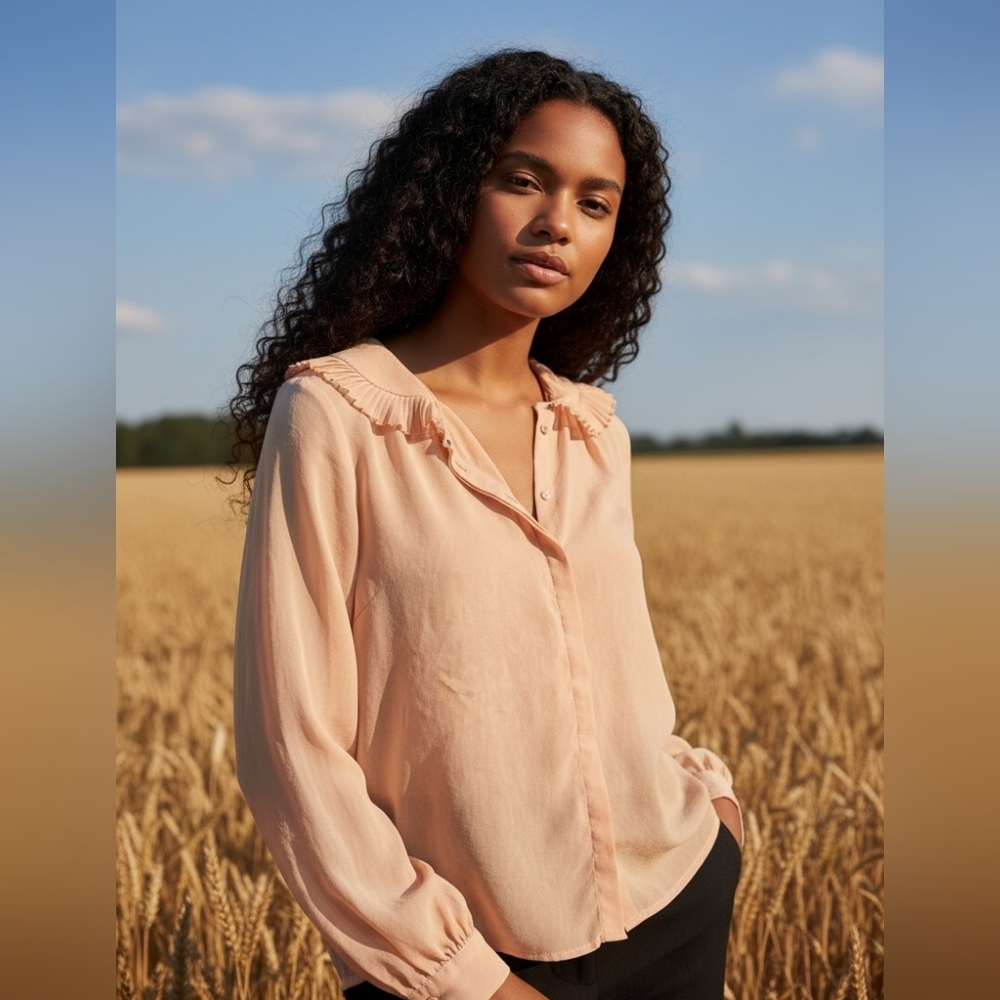 Topshop Peach Pleated Collar Romantic Cottagecore Blouse